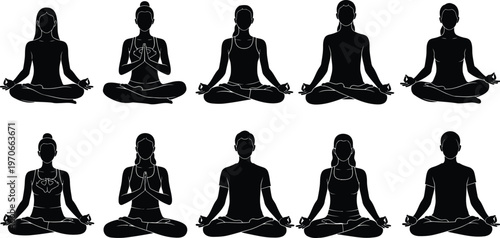 A collection of black silhouettes depicting men and women practicing yoga and meditation in various seated positions on a white background.