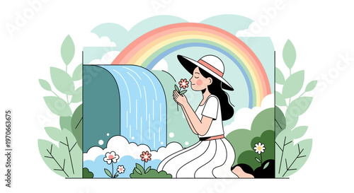 Woman Enjoys Waterfall Scenery With Rainbow and Flowers