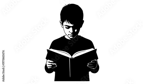Standing boy reading book silhouette isolated on white background minimalist education vector