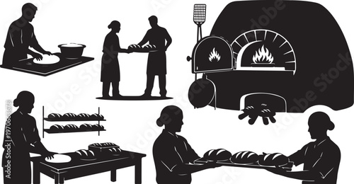 Silhouette of people working in a bakery kitchen environment together