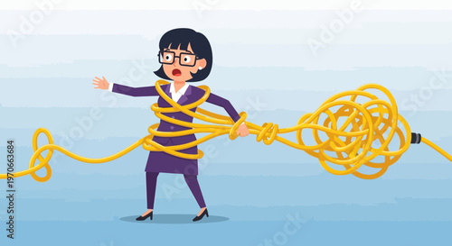 Woman Entangled In Yellow Cable Expressing Frustration And Confusion