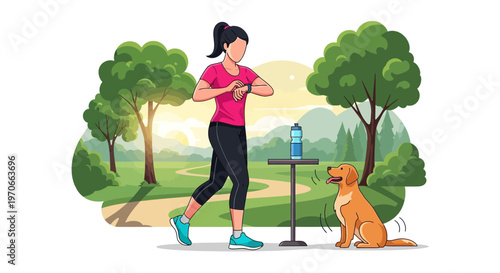 Woman Exercising With Dog In A Park At Sunrise