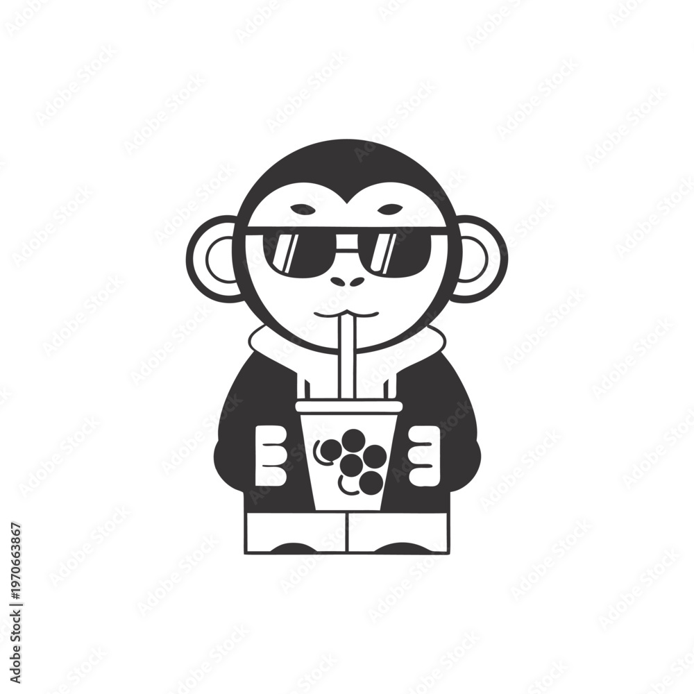 Fototapeta premium Black and white minimalist monkey cartoon character illustration with glasses and hoodie drinking bubble tea