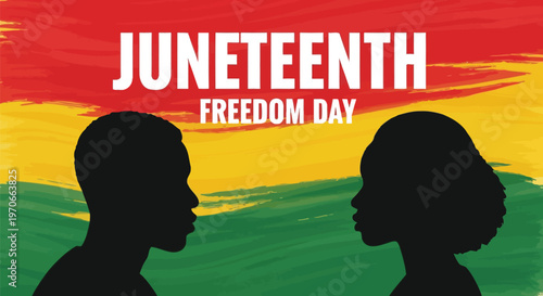 Juneteenth Freedom Day celebration illustration featuring silhouettes of a man and woman against a vibrant Pan-African colored background.