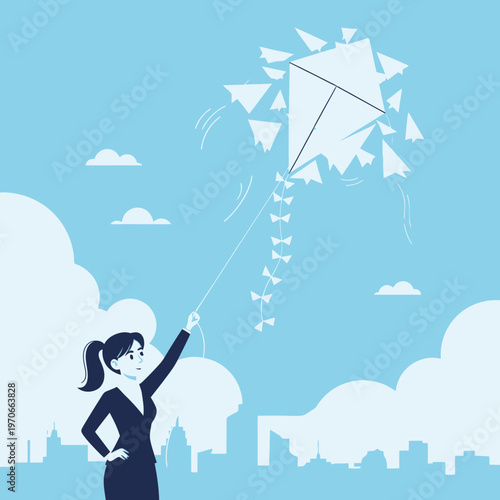 Woman Flying A Kite Shaped Like A Paper Airplanes Over City Skyline