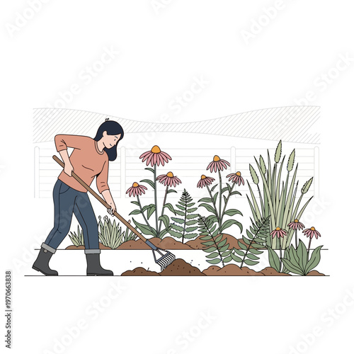 Woman Gardening With Hoe Amongst Flowers And Ferns Outdoor Hobby