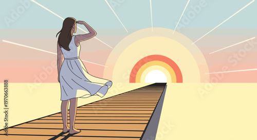 Woman Gazes Towards Sunlit Horizon Path Symbolizing Future Hope Dreams