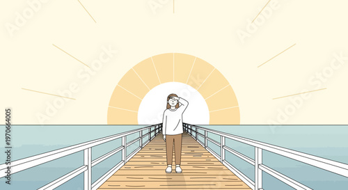 Woman Gazing Towards Sunrise From A Pier Overlooking The Ocean