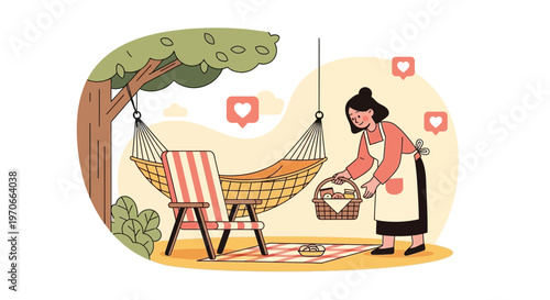 Woman Preparing Picnic Basket For Relaxing Hammock Day