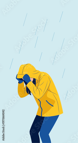 Woman Hiding From Heavy Rain In Yellow Raincoat Feeling Melancholy