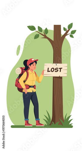 Woman Hiker Discovering Lost Sign While Trekking Through Forest Serenity