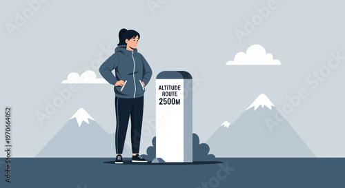 Woman Reaching High Altitude Peak On Mountain Trekking Journey