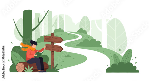 Woman Reading By Forest Crossroads Sign Exploring Nature Paths Decisions Ahead