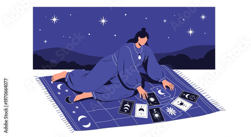 Woman Reading Tarot Cards Under a Starry Night Sky