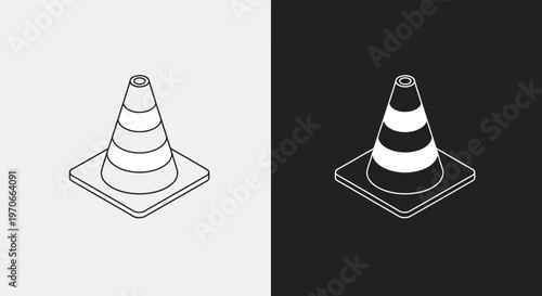 Isometric line art illustration of a traffic cone with stripes on a light background, depicting a warning or construction symbol.