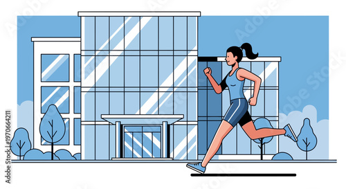 Woman Running Outdoors Past Modern Office Building Lifestyle Concept