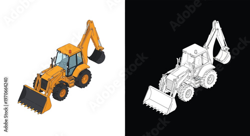 Isometric illustration of a yellow backhoe loader with a detailed outline version on a black background.