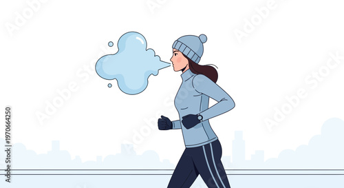 Woman Jogging In Winter Showing Breath Steam In Cold Weather