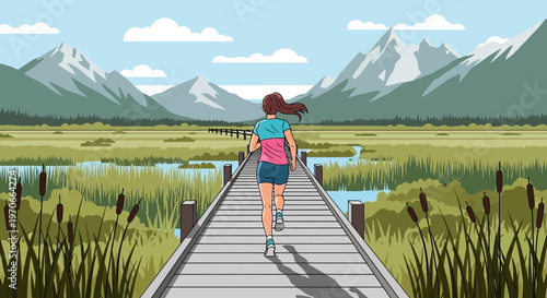 Woman Jogging On Boardwalk Through Scenic Marshland Towards Mountains