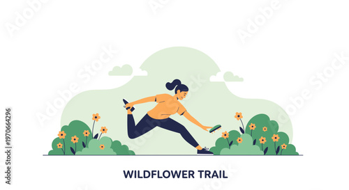 Woman Jogging Through Blooming Wildflower Trail Scenic Outdoor Activity