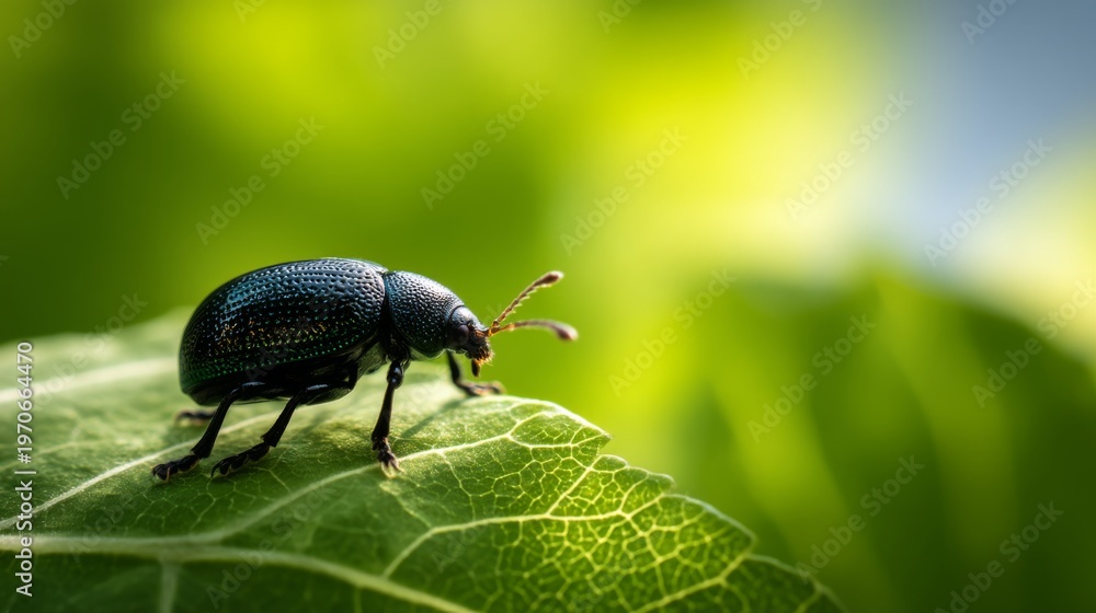 Fototapeta premium Close-up of a Vibrant Green Beetle on Leaf Against Soft Background