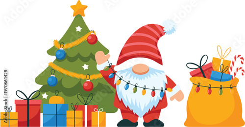 Cute Christmas gnome vector illustration with decorated pine tree, gift boxes, and sack full of presents for holiday season greeting cards and posters.