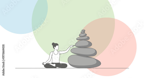 Woman Meditating With Stacked Stones Promoting Balance And Serenity