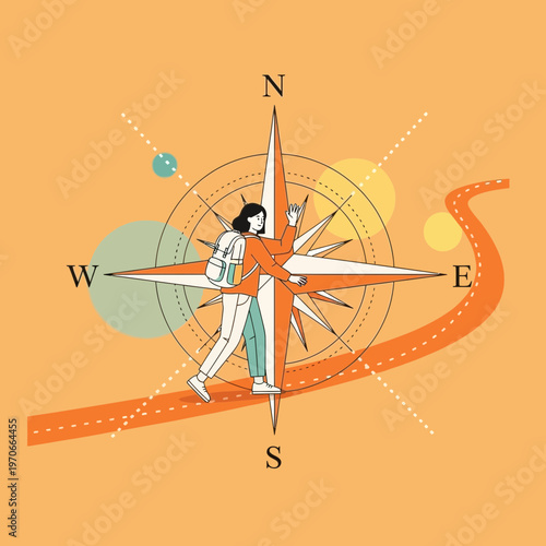 Woman Navigates Life's Journey With Compass Guidance Adventure Ahead