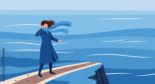 Woman Standing On Cliff Edge Overlooking Turbulent Ocean Waters In Cold Weather