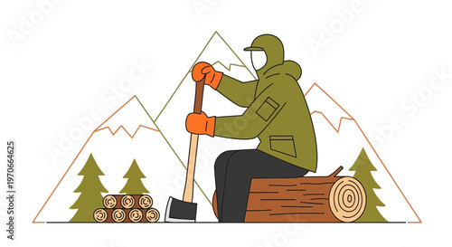 Woodsman In Mountains Preparing Firewood For Cozy Cabin Living