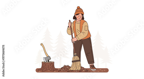 Woodsman Sweeps Debris After Chopping Wood In Forest Scene