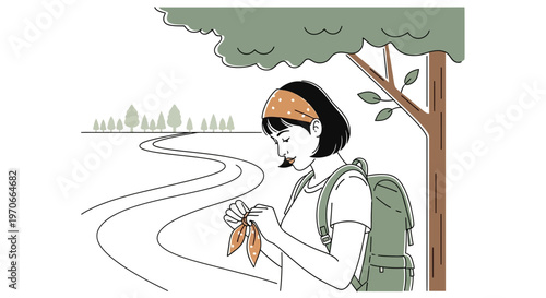 Woman On A Winding Path With Backpack A Scenic Journey Unfolds
