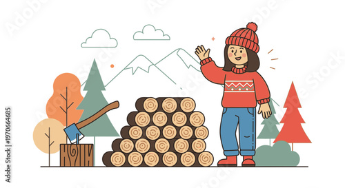 Woodsman Waving Hello Beside Stacked Firewood and Mountains
