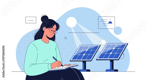 Woman Studying Solar Energy Technology And Innovation