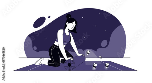 Woman Unrolling Yoga Mat Under Starry Night Sky With Fireflies