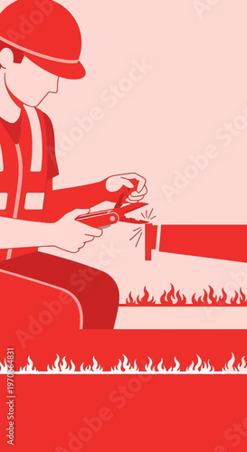 Worker In Safety Vest Cuts Through Flammable Material Near Flames