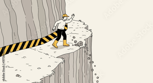 Worker On Cliff Edge With Caution Tape And Falling Rocks