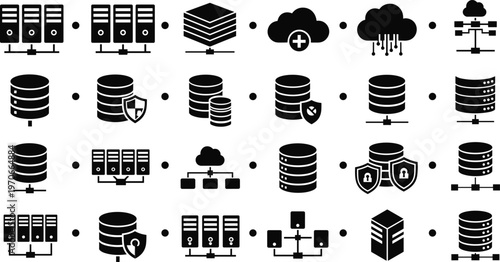 Cloud computing and data storage workflow icons set with servers database security network infrastructure technology vector illustration modern design