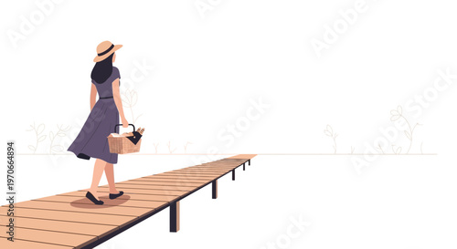 Woman Walking On A Pier With Picnic Basket Towards Horizon