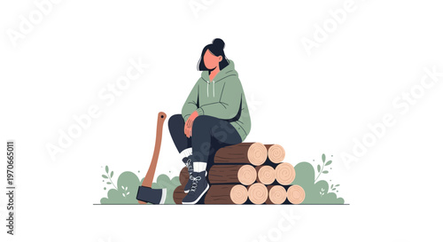 Woman With Axe Sitting On Stacked Firewood Logs Outdoor Scene Illustration