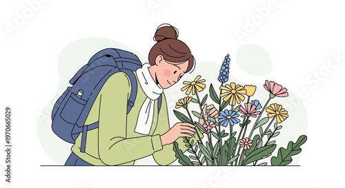 Woman With Backpack Appreciating Colorful Wildflowers Blooming In Nature