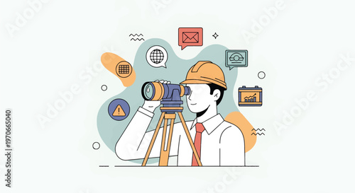 A modern flat vector illustration shows an engineer holding a surveying instrument surrounded by various icons in a construction site environment viewed from a side angle.