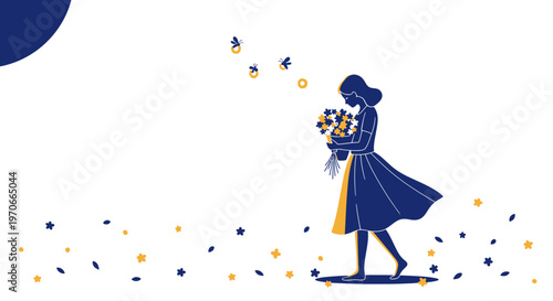 Woman With Flowers And Fireflies In A Minimalist Style