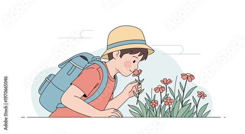 Young Adventurer Delighting in the Scent of Wildflowers During Outdoor Exploration