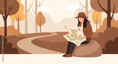 Woman With Hat And Map In Autumn Forest Looking For Direction