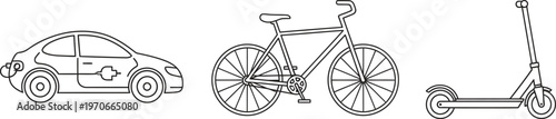 Set of minimalist outline icons depicting a car bicycle and electric scooter ideal for urban transportation concepts and mobility app designs