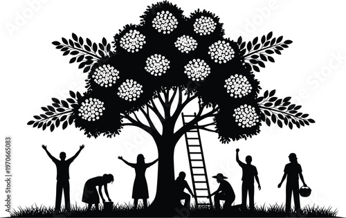 Community harvesting fruit tree silhouettes with people picking berries ladder teamwork agriculture rural lifestyle vector illustration design concept