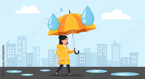 Woman With Umbrella Walking Through City Rain And Puddles