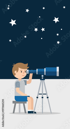 Young Boy Observing Night Sky Through Telescope Discovering Stars