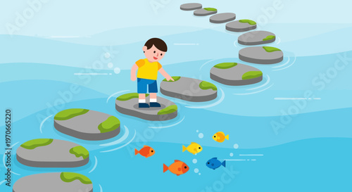 Young Boy Navigates Stepping Stones Across Water With Colorful Fish